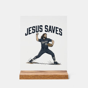 Señal Acrílica Jesús salva al lanzador de béisbol Camiseta de gra
