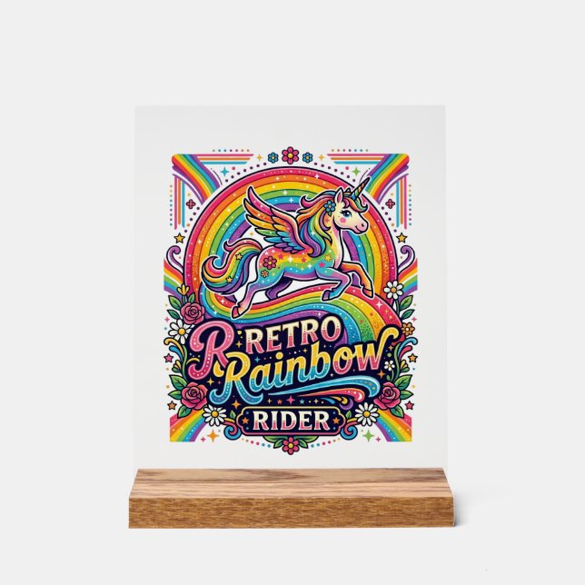 Señal Acrílica Jinete de Arcoíris Retro Unicornio (Anverso)