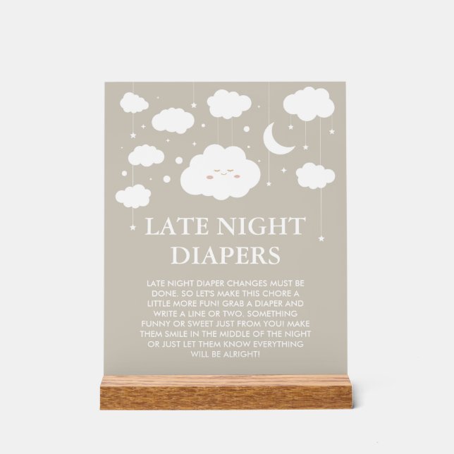 Señal Acrílica Juego Dreamy Baby Shower Late Night Diapers (Anverso)