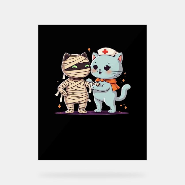 Señal Acrílica Kawaii Halloween Pals Mummy & Nurse cat Sobrevalor (Anverso)
