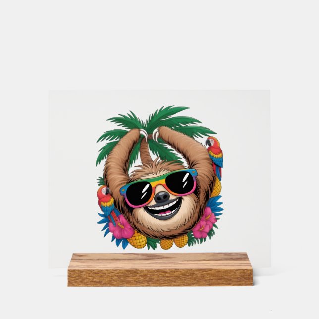 Señal Acrílica Kawaii Tropical Sloth – Cute Summer Vibes Rainbow  (Anverso)