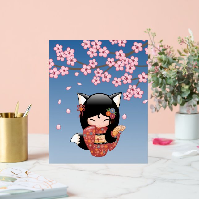 Señal Acrílica Kitsune Kokeshi Doll Negro Fox Geisha Chica Azul (Boda)