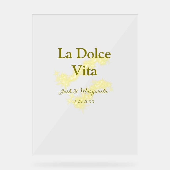 Señal Acrílica La Dolce Vita pareja de bodas amarillos Nombre fec (Anverso)