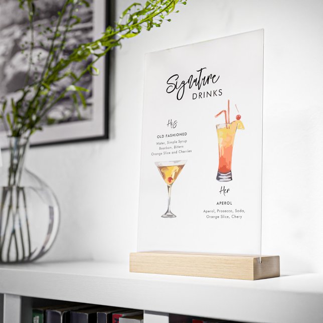 Señal Acrílica La firma del boda bebe la suya y la suya (Wedding Party Signature Drink Acrylic Sign)