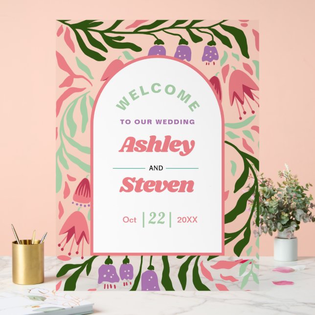 Señal Acrílica Las ramas de boho retro con flores reciben al boda (Boda)