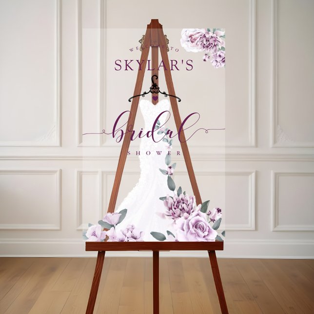 Señal Acrílica Lavender Florals Vestido Boda blanco Ducha de novi (Lavender Florals White Wedding Dress Bridal Shower Acrylic Sign)