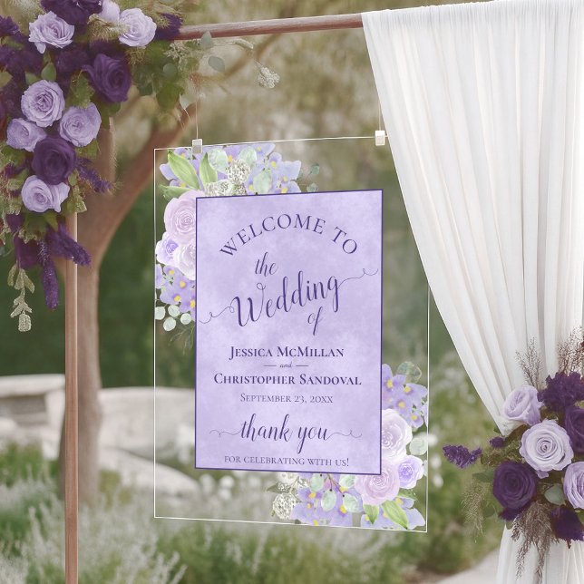 Señal Acrílica Lavender Purple Boho Chic Floral Wedding Welcome (Subido por el creador)