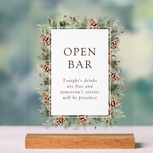Señal Acrílica Letrero Acrílico de Barra Abierta de Invierno (Watercolor Pinecone Evergreen Winter Open Bar Acrylic Sign by Painted Paperie
)