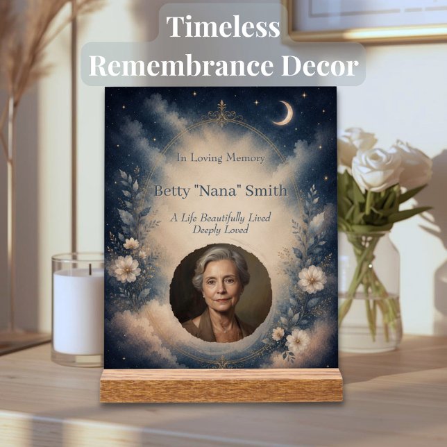 Señal Acrílica Letrero Acrílico Memorial Celestial | Personalizad (Elegant celestial memorial acrylic sign with personalized photo and soft spiritual artwork.)