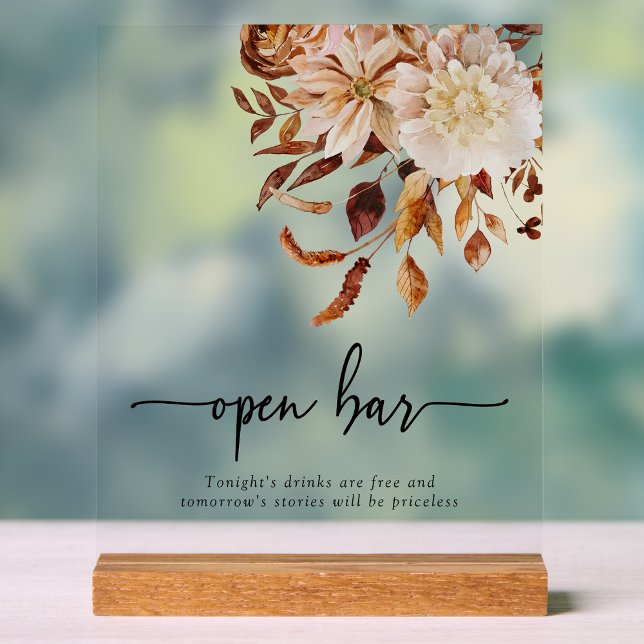 Señal Acrílica Letrero Acrílico Open Bar Otoño (Fall Watercolor Terracotta Copper Tone Wedding Open Bar Acrylic Sign by Painted Paperie
)