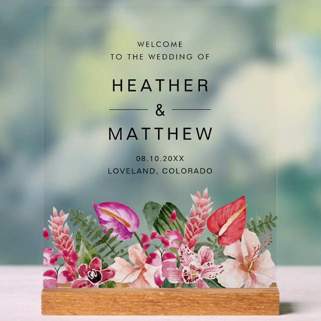 Señal Acrílica Letrero de Acrílico de Bienvenida Floral Tropical (Tropical Floral Welcome Acrylic Sign by Painted Paperie
)