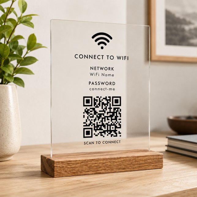 Señal Acrílica Letrero de acrílico WiFi | Código QR Escanear para (Wi-Fi acrylic tabletop signs with interactive QR code, connecting visitors seamlessly to your WiFi.)