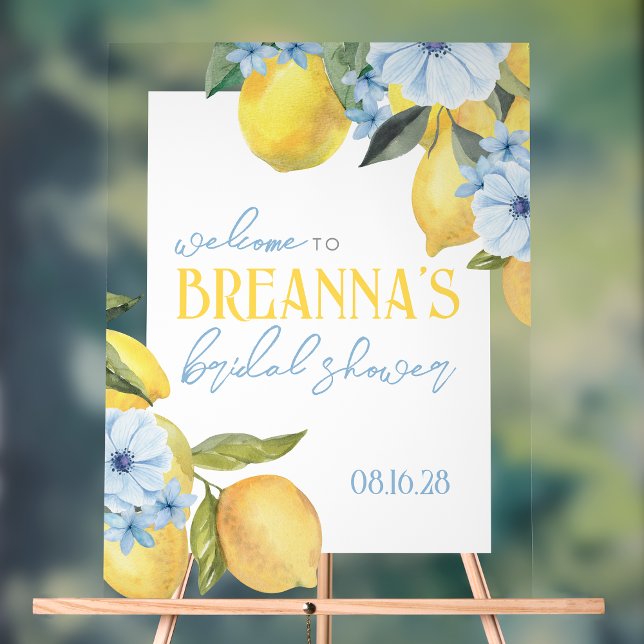 Señal Acrílica Letrero de bienvenida de acrílico de limón y flor  (Clear Acrylic Warercolor Lemon Main Squeeze Bridal Shower Welcome Sign. Many Size Options Available )