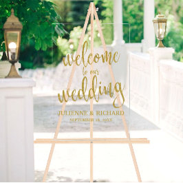 Señal Acrílica Letrero de bienvenida de boda con caligrafía dorad