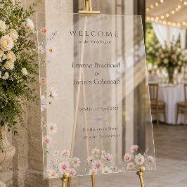 Señal Acrílica Letrero de Bienvenida de Boda con Flores Silvestre