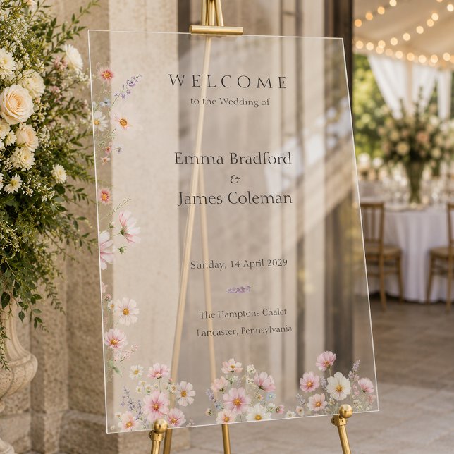 Señal Acrílica Letrero de Bienvenida de Boda con Flores Silvestre (Whimsical Wildflowers Wedding Welcome Sign)