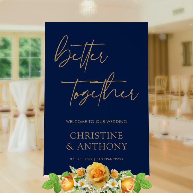 Señal Acrílica Letrero de bienvenida de boda de acrílico personal (Personalized Navy & Gold Better Together Wedding Acrylic Sign)