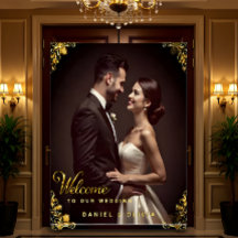 Letrero de bienvenida de boda dorado personalizado