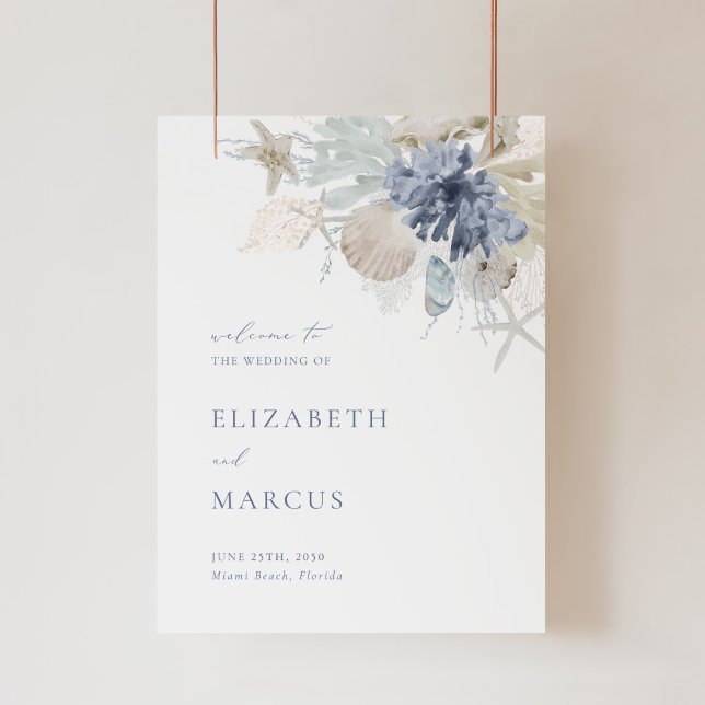 Señal Acrílica Letrero de bienvenida de boda en acrílico azul de  (coastal acrylic wedding welcome sign with seashells, coral, starfish, and elegant blue typography)