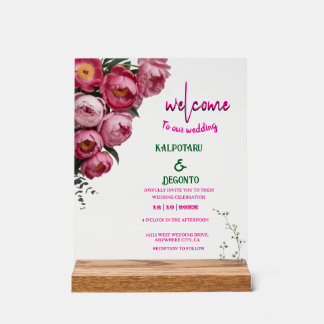 Señal Acrílica Letrero de bienvenida de boda floral rosa elegante