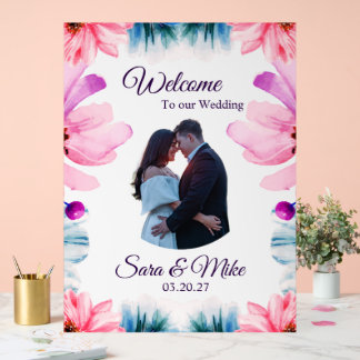 Señal Acrílica Letrero de bienvenida de boda floral Rosado y Azul