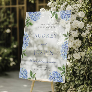 Señal Acrílica Letrero de Bienvenida de Boda, Hortensia Azul Clás