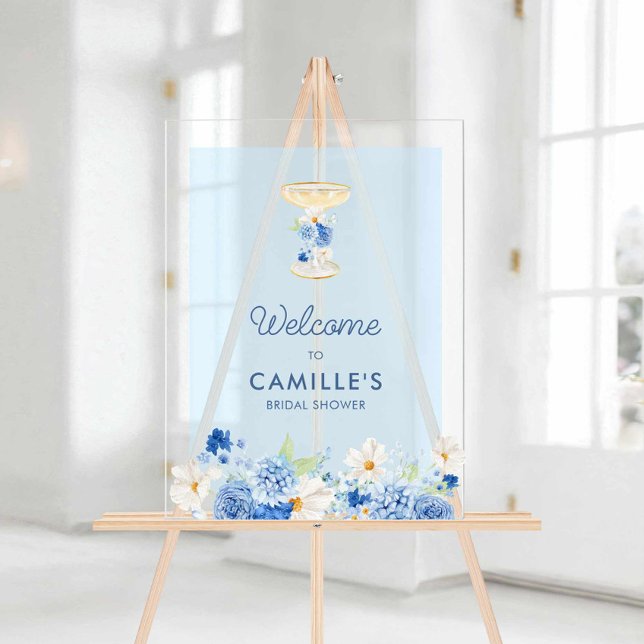 Señal Acrílica Letrero de bienvenida en acrílico Pétalos azules y (Something Blue Floral Bridal Shower Acrylic Welcome Sign)