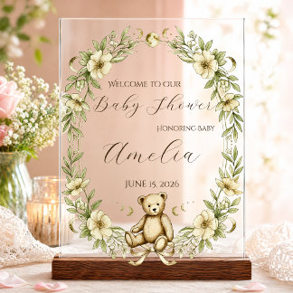 Señal Acrílica Letrero de Bienvenida para Baby Shower de Osito de