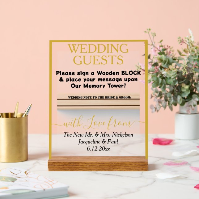 Señal Acrílica Libro de Boda de Oro Bloque de Madera Nombres  (Boda)