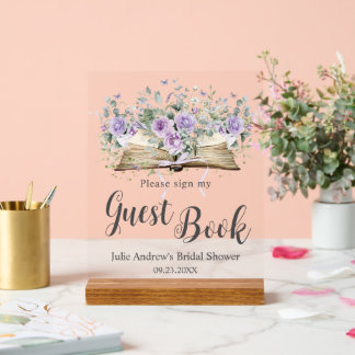 Señal Acrílica Libro de Capítulos Florales de Lila Púrpura Libro 