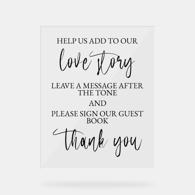 Señal Acrílica Libro de firmas de audio para boda en pedestal con (Anverso)