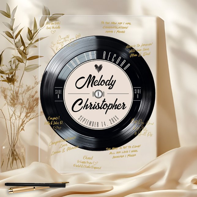 Señal Acrílica Libro de firmas de boda de vinilo retro autógrafo (Unique black and ivory vinyl record music theme wedding guest book autographs acrylic sign 18x24)
