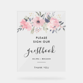 Señal Acrílica Libro de invitados de boda con letra floral acuare