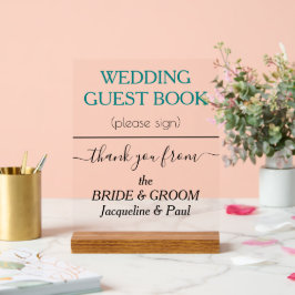 Señal Acrílica Libro de invitados de boda en verde turquesa con n
