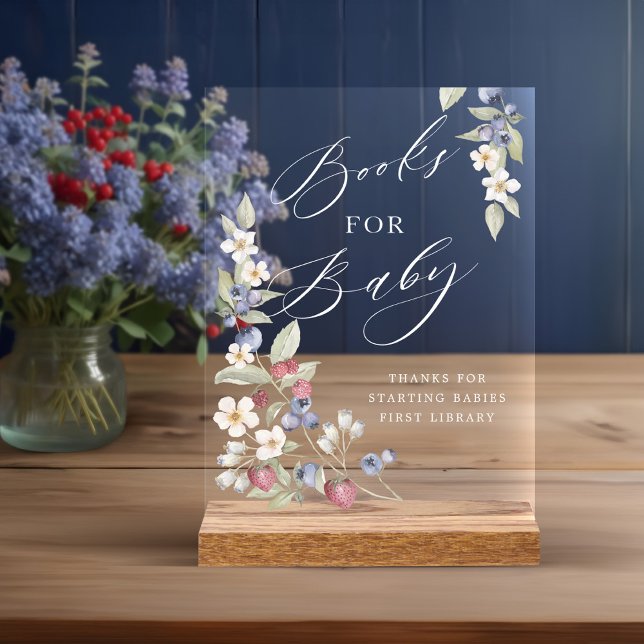 Señal Acrílica Libros De Baby Shower Para Bebés Y Flores Silvestr (Baby Shower Books For Baby Wild Berries & Flowers Acrylic Sign)