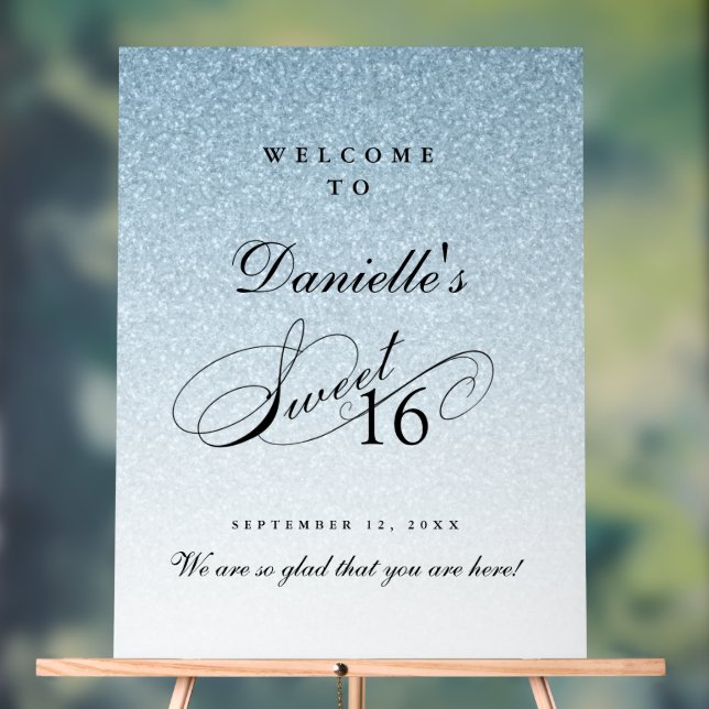 Señal Acrílica Light Blue Glitter Sweet 16 Personalized Welcome (Neutral )
