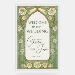 Señal Acrílica Light Sage Stained Glass Floral Wedding Welcome 