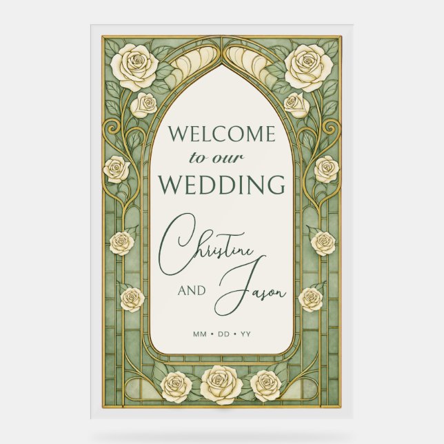 Señal Acrílica Light Sage Stained Glass Floral Wedding Welcome  (Anverso)
