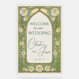 Señal Acrílica Light Sage Stained Glass Floral Wedding Welcome 