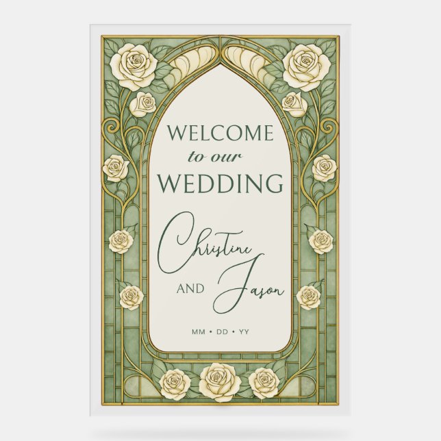 Señal Acrílica Light Sage Stained Glass Floral Wedding Welcome  (Anverso)