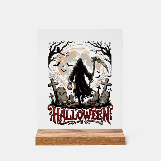 Señal Acrílica Linterna de la Parca de Halloween Lápidas de Luna  (Anverso)