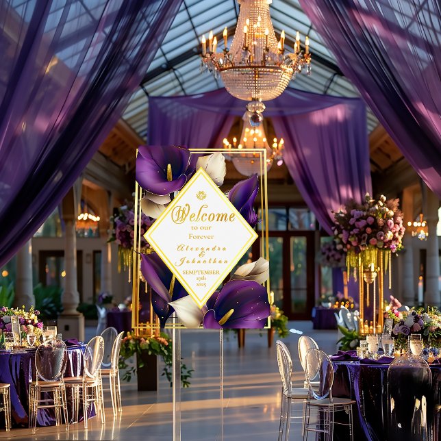 Señal Acrílica Lirio de Calla Elegante Violeta Púrpura y Dorado (Stunning Purple Calla Lily Wedding Welcome Board)