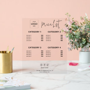 Señal Acrílica Lista de precios Logotipo comercial Rótulo acrílic