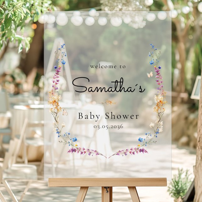 Señal Acrílica Little Wildflower Boho Dream - Baby Shower  (Little Wildflower Boho Dream - Baby Shower Custom Welcome Acrylic Sign with your Name & Date.)