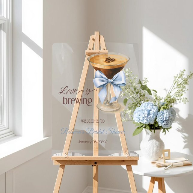 Señal Acrílica Love is Brewing Blue Bow Coffee Bridal Shower (Subido por el creador)