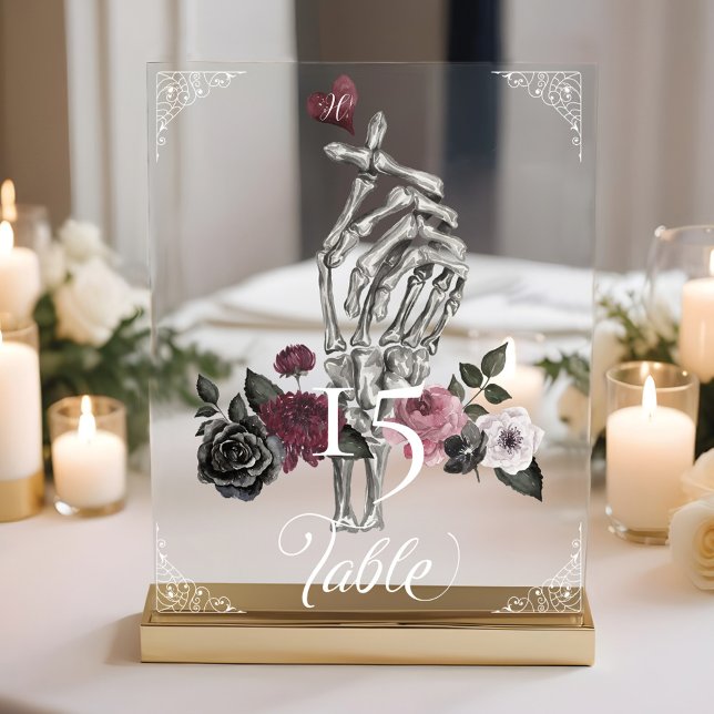 Señal Acrílica Love Skeleton Hand Gesture Halloween Boda negro (Love Skeleton Hand Gesture Halloween Black Wedding Acrylic Sign)