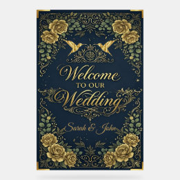 Señal Acrílica Lujo caligrafía oro naval bienvenida boda