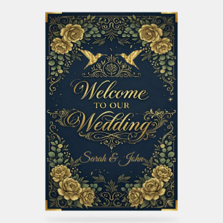 Señal Acrílica Lujo caligrafía oro naval bienvenida boda