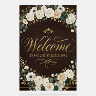 Señal Acrílica Lujo Elegante bosque texto dorado bienvenida boda