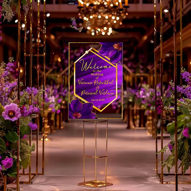 Señal Acrílica Luxe Asymmetrical Frame Purple Brush Stroke Floral (Modern Sleek Luminous Violets Color Splash Acrylic Wedding Welcome Sign )